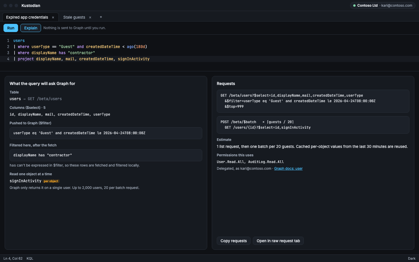 Explain view listing the Graph requests, filter and permissions a query would use