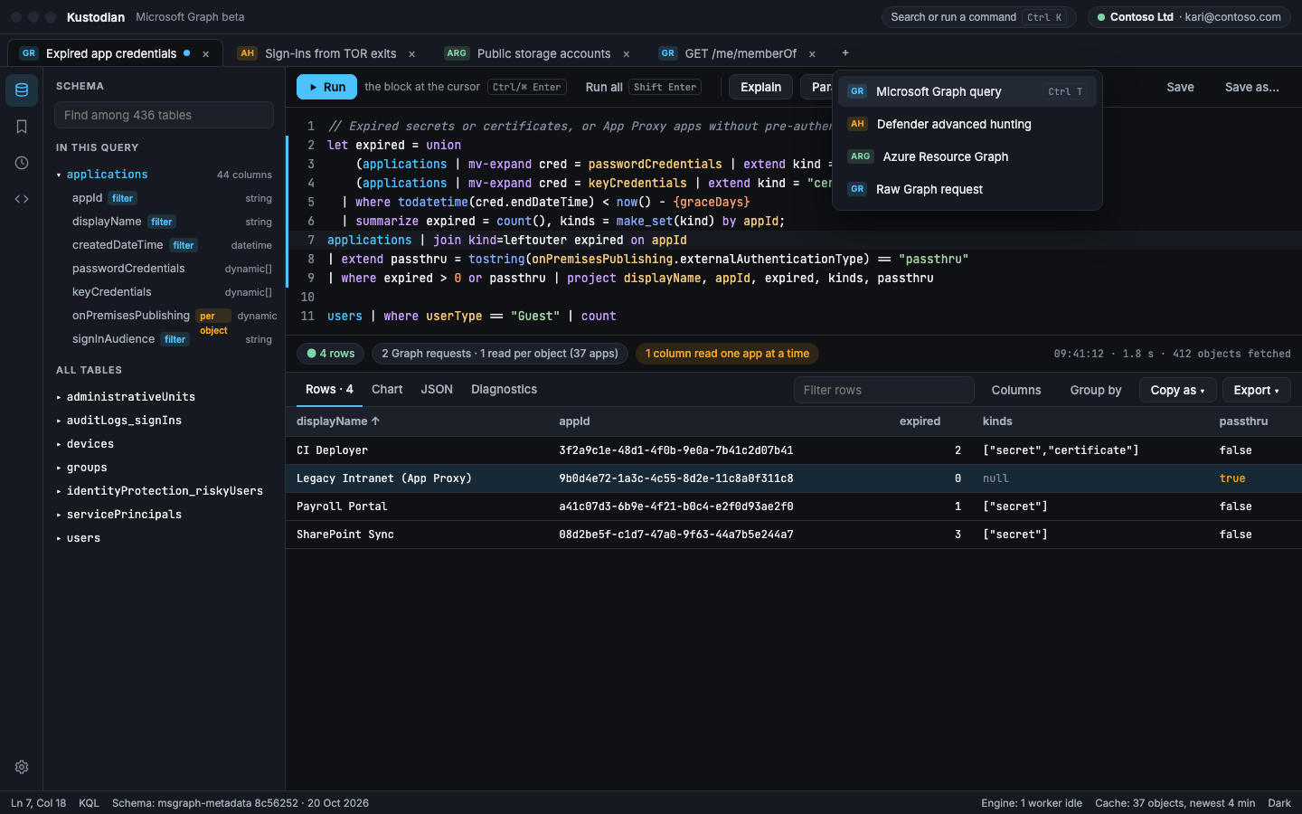 Kustodian querying Microsoft Graph with KQL: schema tree, editor and a results grid