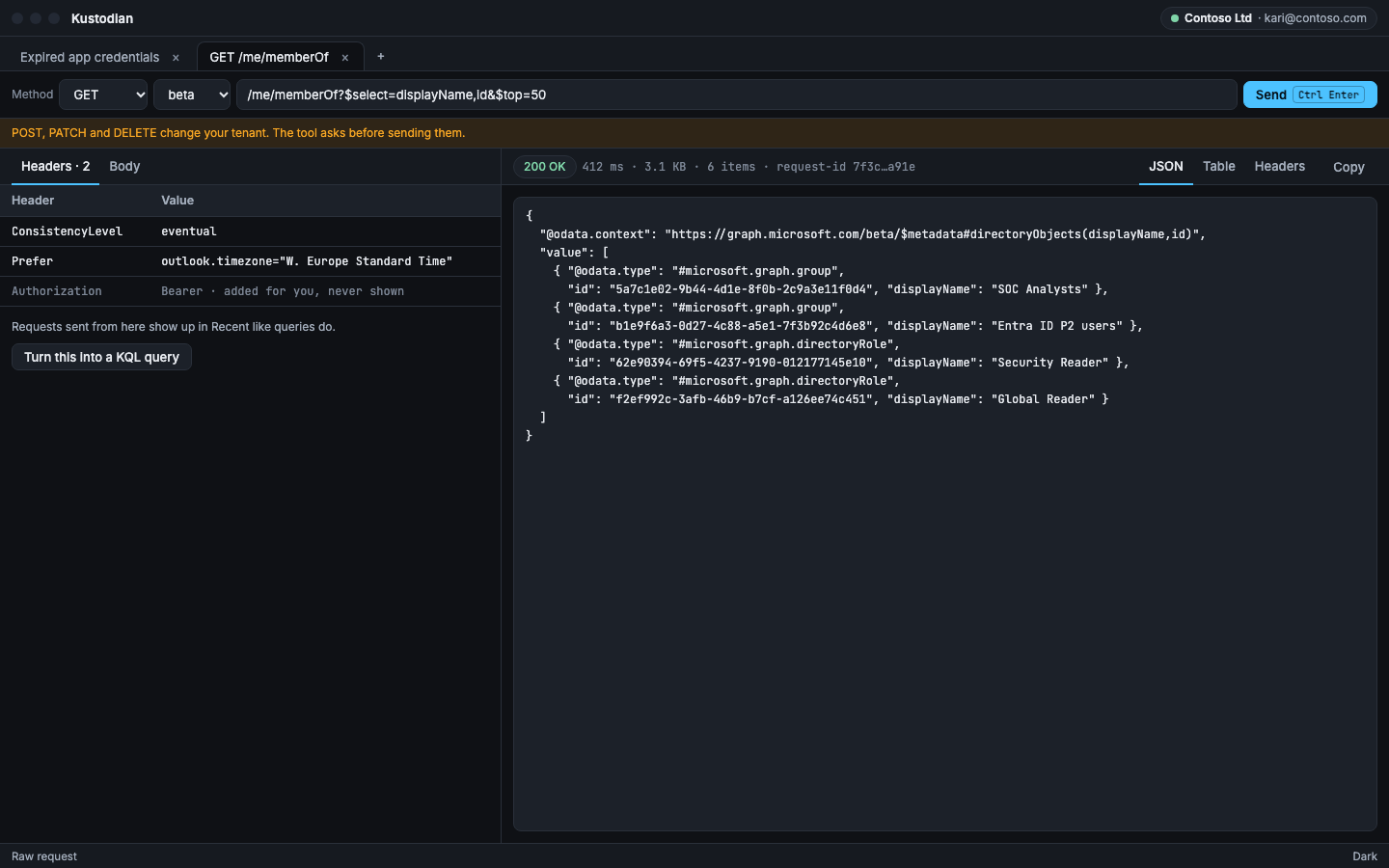 Raw Graph request with its JSON response
