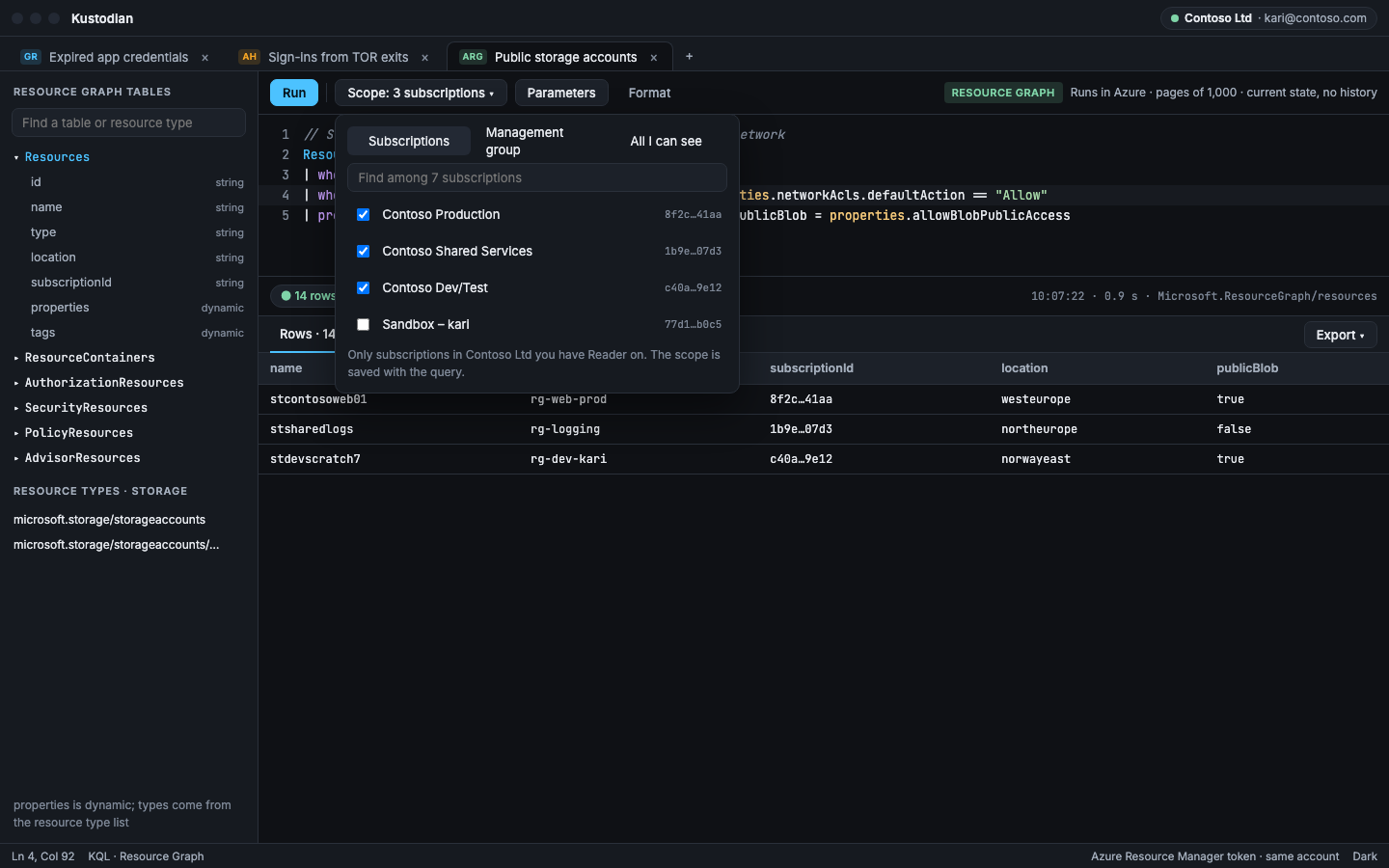 Azure Resource Graph query scoped to subscriptions